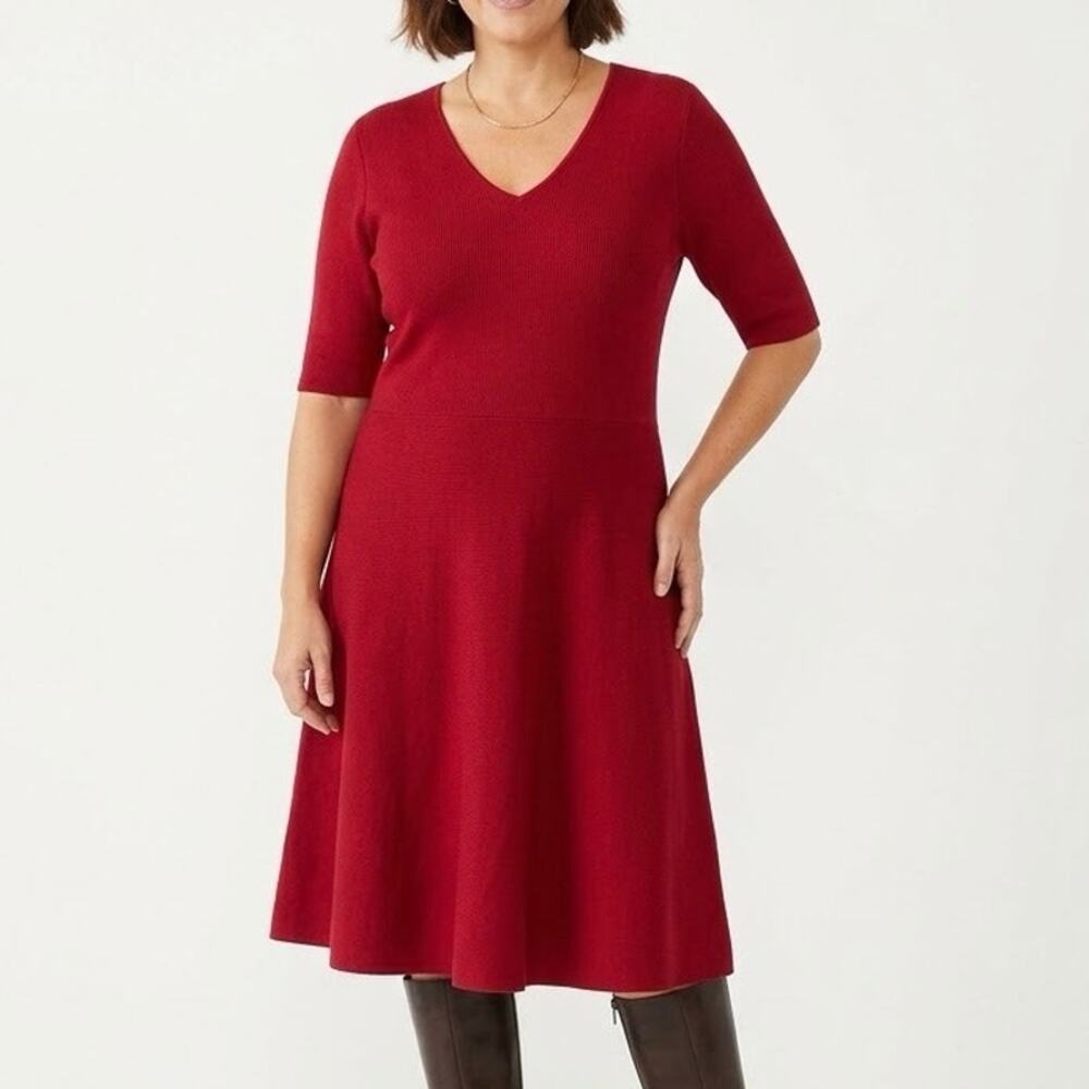 Ann Taylor Red V-Neck Fit & Flare Ribbed Knit Midi Sweater Dress Holiday Sz XXL